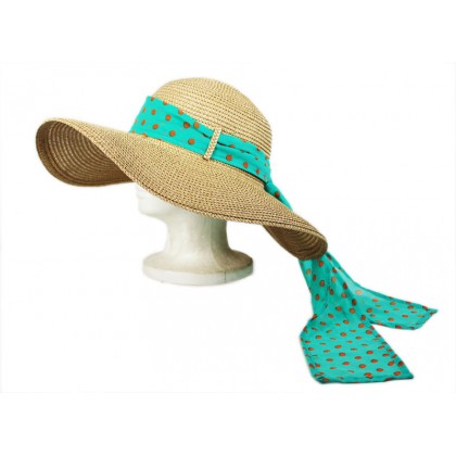 Hats – 12 PCS Wide Brim Hat w/ Polka Dot Chiffon Ribbon - Turguoise - HT-SHT2412TQ